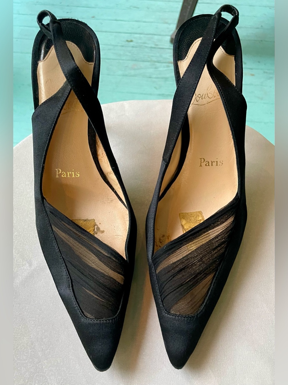 Christian Louboutin Black Satin Pointed-Toe Slingback Pumps Size 6